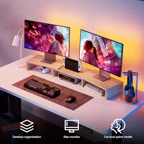 FITUEYES Dual Monitor Stand – 3 Shelf Computer Monitor Riser, Wood Desktop Stand with Adjustable Length and Angle, Desk Accessories, Office Supplies Medium Oak, DT108006WO - color: Oak