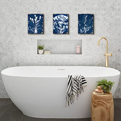 Navy Blue Botanical Wall Art Vintage Boho Abstract Plant Wall Art for Living Room Decor Royal Blue White Flower Pictures Minimalist Floral Poster Canvas Prints Artwork Bedroom Home Decoration 12x16" 3 - color: White Flower, size: 12"l X 16"w