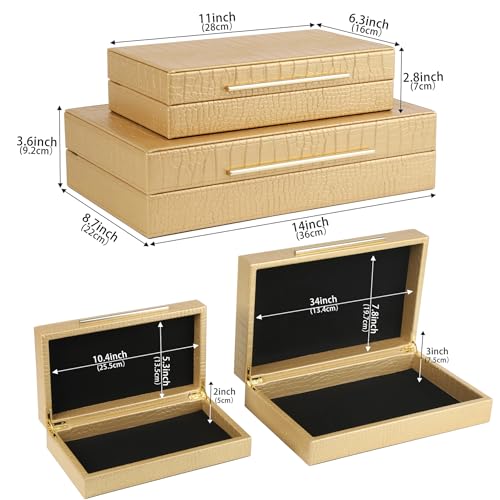 HofferRuffer Faux Leather Decorative Boxes Set of 2, Large Nesting Keepsake Box Accessory Organizer Jewelry Organizer with Hinged Lid, Stacking Storage Box Container for Home or Office (Gold) - color: Gold