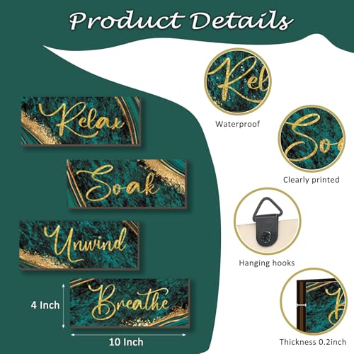 ONIZHITY 4 Pcs Green and Gold Bathroom Decor Green Gold Wall Decor Relax Soak Unwind Breathe Wooden Rustic Marble Style Bathroom Accessories for Bedroom Living Room Office Kitchen(10X4) - color: Green Gold, size: 10 X 4 Inch