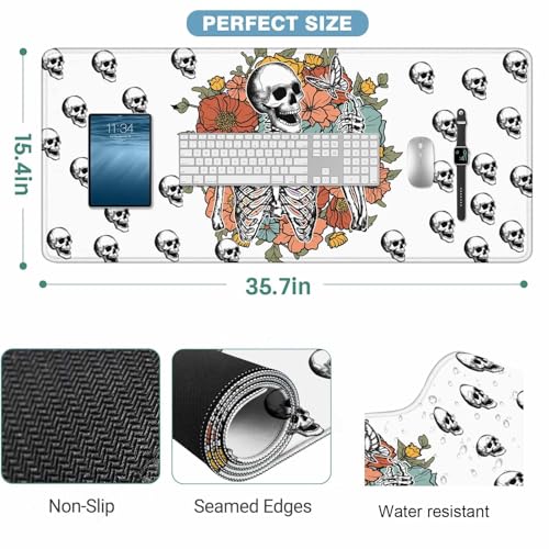 Skeleton Wildflower Full Desk Mouse Pad Funny Retro Skull Halloween Gothic Large Gaming Mousepad for Keyboard PC.Home,Office 35.4"X15.7" - color: Skeleton wildflower