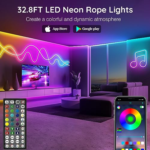 AILBTON 32.8Ft Neon Rope Lights,Flexible Led Rope Lights Control with App/Remote,Multiple Modes Music Sync Gaming RGB Led Neon Lights for Bedroom Outdoor - size: 32.8FT