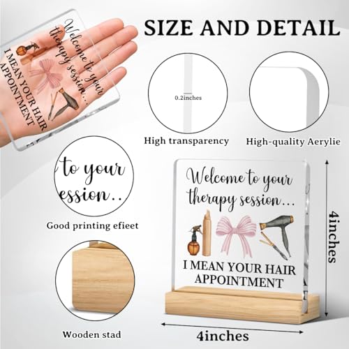 Hair Salon Decor, Hairdresser Gifts, Salon Decor for Hair Stylist, Birthday Christmas Thank You Gift for Hairstylist Women, Pink Bow Acrylic Sign With Wooden Stands Desk Shelf Table Decoration - color: Welcome to Your Therapy Session