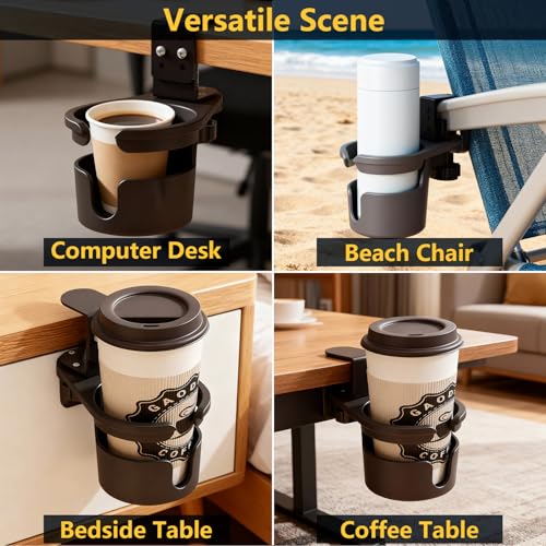 Desk Cup Holder Clip On 360° Rotating Clamp,Deeper Anti-Spill Drink Holders for Water Bottles & Coffee Mugs,Adjustable Clamp Fits Screw On Table for Drinks,Office,Gaming Desk,Home,Black - size: 3.62"L x 3.62"W x 3.5"H