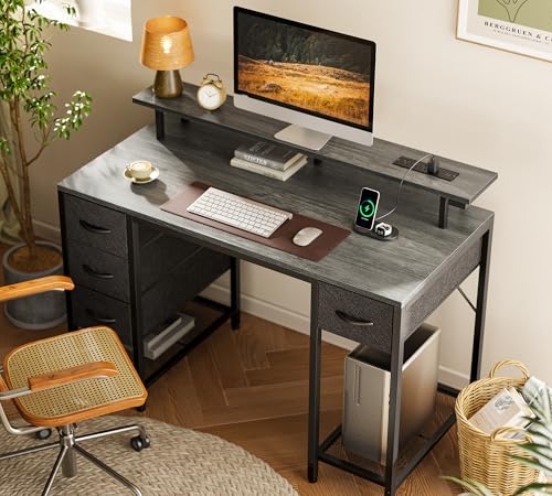 Huuger 47 inch Computer Desk with 4 Drawers, Gaming Desk with LED Lights & Power Outlets, Home Office Desk with Large Storage Space for Bedroom, Work from Home, Grey - color: Grey, size: 47 Inch