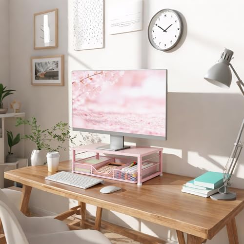 Small Pink Laptop Stand for Desk, Monitor Stand, Office Desk Accessories, Computer Desktop Stand with Drawer for Home, Office, School (Pink) - color: Pink-Small