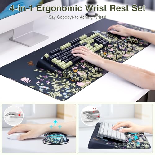Ospelelf Keyboard Wrist Rest Stand Pad and Ergonomic Mouse Pad Set with Large Mousepad, Memory Foam Comfort, Premium Office Desk Accessories for Pain Relief, Moonlit Blossoms - color: Moonlit Blossoms