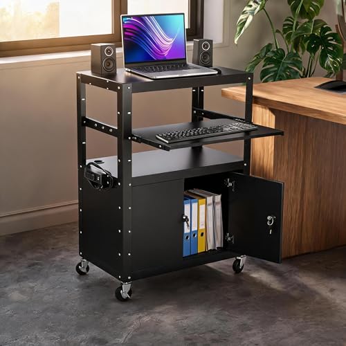 Adjustable Height AV Media Cart, 24-42 Inch Mobile Stand with Locking Storage, Extended Tray Organizer, Cable Management Wheels, for Home Office School - size: Without extension rack