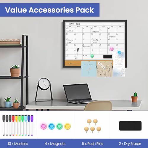 Dry Erase Calendar Cork Board Combo, 24 x 18 Inches Monthly Calendar Whiteboard for Wall, Magnetic White Board with Wood Framed, Hanging Dry Erase Board for Kitchen Home Office School Planner - size: 24"W x 18"H, style: Wooden Frame
