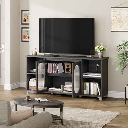 IDEALHOUSE TV Stand for 65" TVs with Fluted Glass Media Console, Black | Media Storage Cabinet, Fluted Glass Doors, Open Display Shelves, Modern Design, Bedroom & Living Room - color: Black