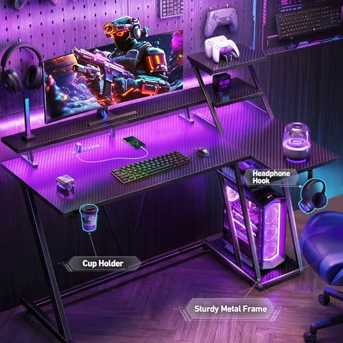 Korfile 47 Inch Gaming Desk with LED Lights & Power Outlet, L Shaped Computer Desk with Storage Shelves, Gamer Workstations with Monitor Stand for Bedroom, Carbon Fiber Black - size: 47 Inches
