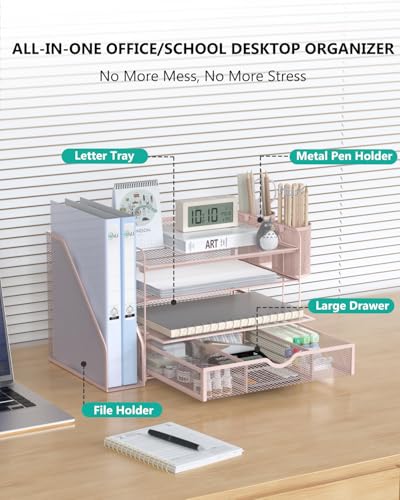 WALI Desk File Organizer, 4 Tier Desktop Paper Letter Tray Organizer with Drawer and 2 Pen Holders, Office Desk Accessories & Workspace Organizers for Office, Home Supplies(DO005DH-P), 1 Pack, Pink - color: Pink, size: 4-Tier