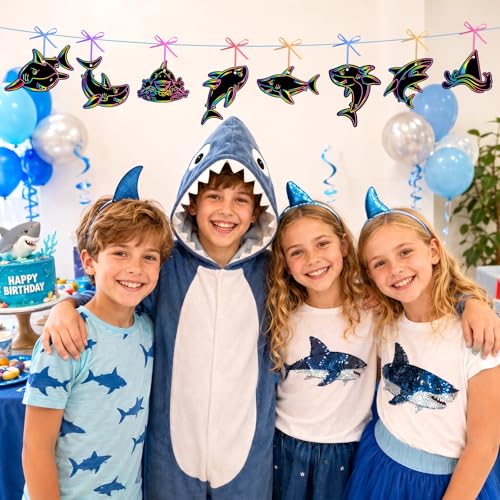 LUUFILx 80 Pcs Shark Scratch Cards Birthday Party Decorations Colorful Rainbow Scratch Paper Art with Wooden Stylus for Birthday Party Classroom DIY Activities (Shark) - style: Shark