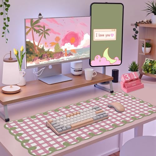 Cute Pink Green Scalloped Desk Mat Checkered Large Mouse Pad Kawaii Retro Cozy Vintage Cottagecore Aesthetic Office Desk Decor Stitched Nonslip Pad for Computer Keyboard & Mouse 31 * 15.7in - color: A3- Pink Green