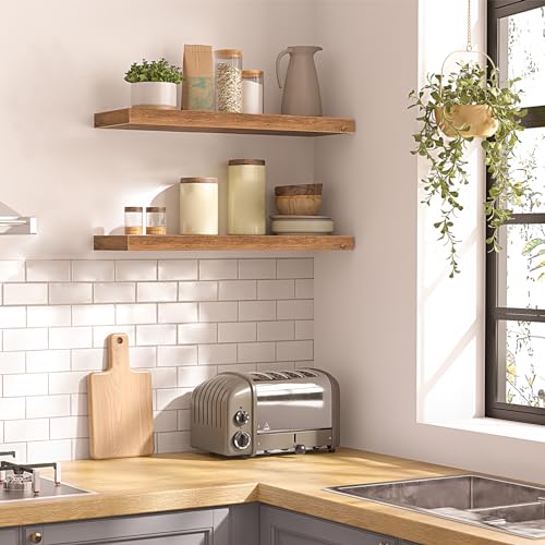 HOOBRO Floating Shelves for Wall, Wall Mounted Shelf Set of 2, 23.6" Hanging Shelf with Invisible Brackets, for Wall Decor Storage in Bathroom Bedroom Kitchen Living Room Office, Rustic Brown BF60BJ01 - color: Rustic Brown, size: 23.6 Inches