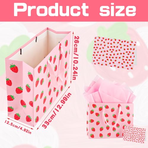 LERCTH Pink Strawberry Themed Gift Bag Set (12.99"x10.24"x4.92") – Tissue Paper, Greeting Card Included | Reusable Tote for Parties, Birthdays & Gifting (Girls, Women, Bridal) - color: Pink Strawberry Gift bag, size: 1 count (Pack of 1)