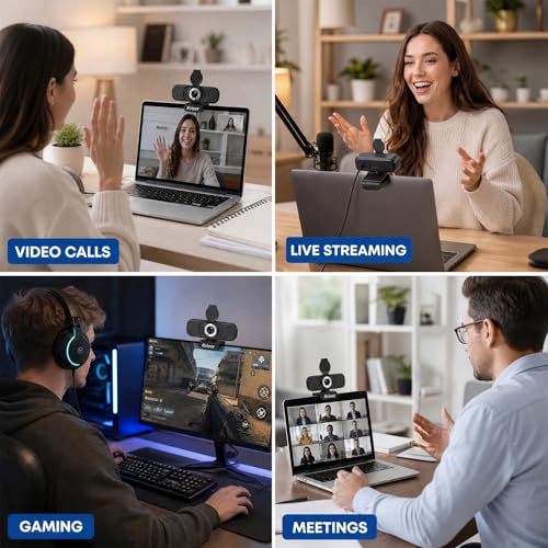 1080P HD Webcam with Dual Mics, Privacy Cover for Video Calls, Zoom | Rotatable Tripod, Auto Light Correction, Noise Canceling, USB Plug & Play, for PC, Streaming, Gaming, Online Meetings