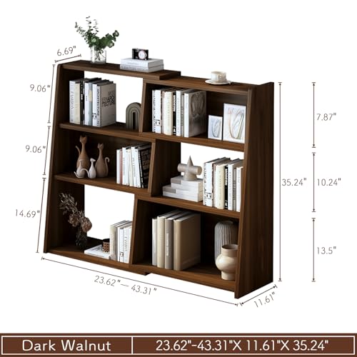 IOTXY Wooden Extendable Shelf Bookcase - 3-Tier Ladder Low Short Bookshelf for Small Space or Corner, Dark Walnut, S - color: Dark Walnut, size: Small