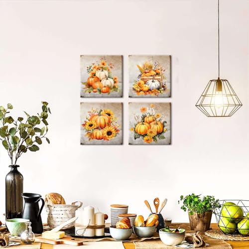 Rustic Fall Pumpkin Wall Art Kitchen Wall Decor Vintage Autumn Themed Sunflower Pictures Floral Corn Folk Artwork Canvas Halloween Harvest Painting for Living Room Bedroom Home Decoration 12x12" 4 Pcs - color: Pumpkin-1, size: 12x12in