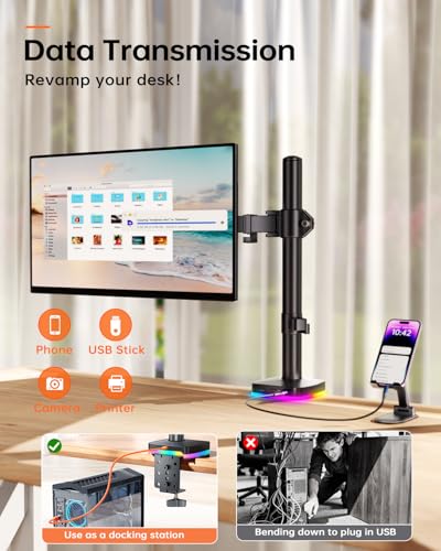 Afaloona RGB Monitor Arm with USB Hub, Single Monitor Stand for 13-27 Inch Screens, 1 USB-C & 2 USB Ports, Ergonomic Desk Mount, Adjustable Desk Mount, VESA 75x75-100x100mm, Up to 17.6lbs - size: RGB Single Monitor Arm