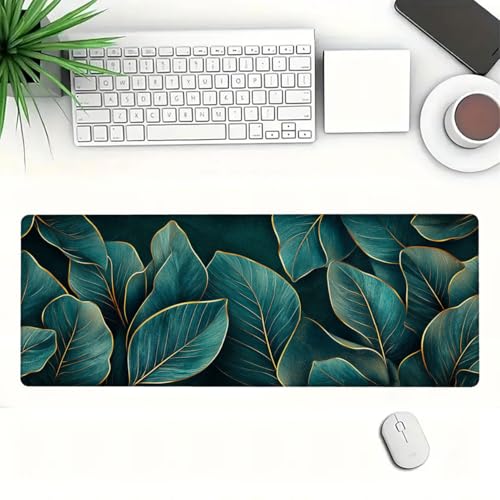 Leaf Desk Mat Teal Gold Tropical Botanical Abstract Luxury Mousepad XL Large Gaming Mouse Pad Laptop Keyboard Mat Desk Pad Ideal for Office, Home, or Remote Work 31.5x11.8 Inch - color: Leaf