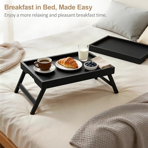 Breakfast Tray with Folding Legs Set of 2, Bamboo Bed Tray Table 15.7" Foldable TV Dinner Tray with Ergonomic Wave Handles for Bed Couch Sofa, Breakfast, Snacks, Coffee, Black - color: Black, size: Medium