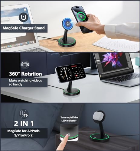 Magnetic Wireless Charger Stand 15W Fast Mag-Safe Charger for iPhone 17/17 pro/ 17 Air/ 17 pro max 16/15/14/13/12 Series Magnet Wireless Charging Station/Pad with Sleep-Friendly Light for AirPods - color: Black
