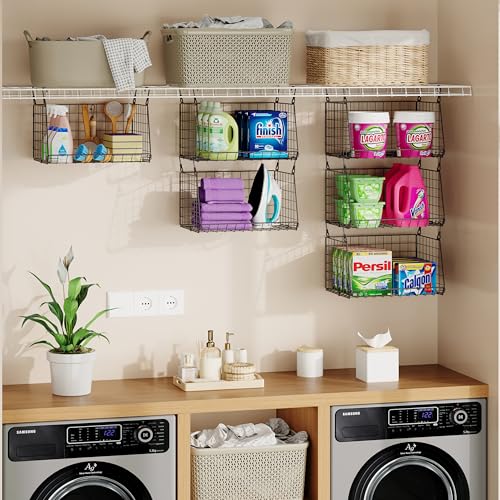 3-Pack Hanging Laundry Room Organizaton:Foldable Laundry Basket Wire Basket with 360°Rotating Hooks Small Space Organization Over Washer and Dryer Shelves - Hanging Closet Organizer, Black Patent - color: Black, size: 3-Pack 13.7*11*29.72inch
