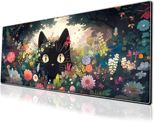 Gaming Mouse Pad XXL Extended Anime Mouse Pad 31.5x11.8 inch, Large Cute Kawaii Big Computer Mouse Mat Desk Pad with Non-Slip Rubber Base and Stitched Edge for Home Office-Flowers Cat - color: Cat in Flowers, size: 31.5L x 11.8W inches