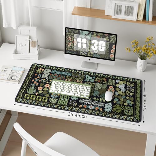 iCasso Floral Desk Pad Mat, Large Mouse Pad, Desk Matt for Desktop, Anti-Slip XXL Big Mousepad with Stitched Edges for Computer Keyboard (Black) - color: Black