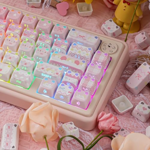 PBT Keycaps - Pink Meow Meow Keycap, 113 Keys Side Print Shine Through Cute Keycap, Mao Profile Custom Cat Keycaps for 60 65 75 100 Percent Cherry MX Mechanical Keyboard - color: Pink Meow