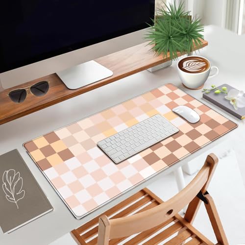Checkered Boho Desk Mat Beige Pink Mouse Pad XXL Pastel Retro Large Mouse Pad with Stitched Edges, Keyboard Pad Mouse Mat for Computer Aesthetic Office Decor Desk Matt for Desktop 31.5 X 15.7In - color: A6- Boho Checkered