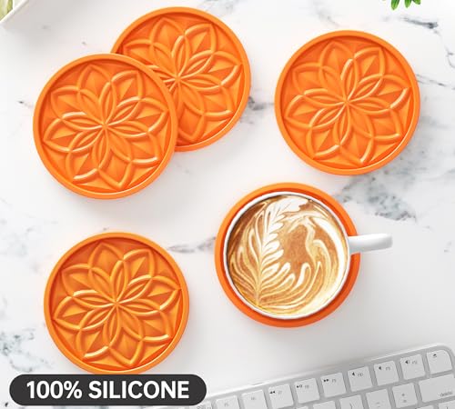 HFHOME Silicone Coasters Set with Holder - 6 Pack Drink Coasters for Coffee Table, Bar Tabletop Protection - Orange - color: Orange