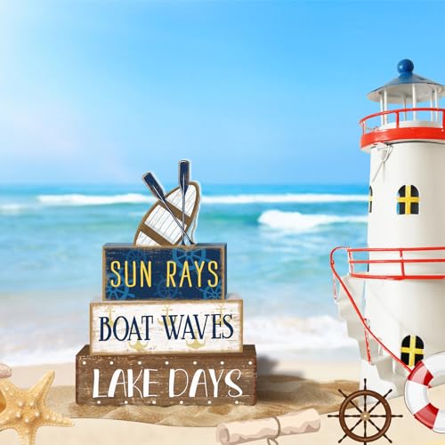 Britimes 4 Pcs Summer Wooden Tiered Tray Decor Set, Lake Boat Paddle Table Decor Rustic Farmhouse Retro Carbin Wooden Coffee Table Centerpieces for Home Kitchen Office Decorations (Boat Style) - style: Boat