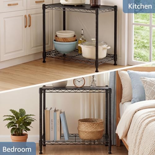 DUMOS 2-Tier Metal Wire Storage Shelves, Adjustable Standing Storage Rack Shelf, Heavy Duty Steel Shelving Unit Organizers for Kitchen Bathroom Pantry Garage, 23.1" Wx13.1 Dx22.1 H, Black - size: 2 Tiered-22.1"H without wheels