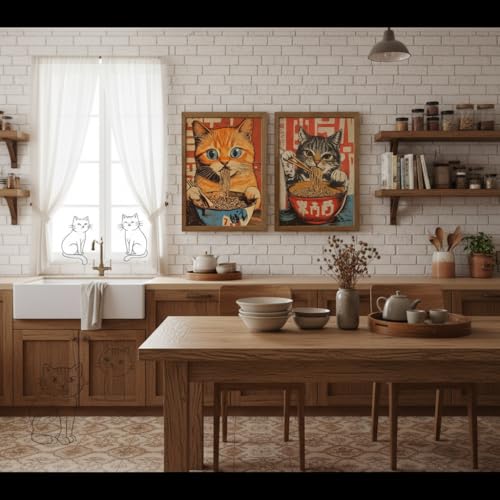 Funny Ramen Cat Wall Art Set of 2 Framed, Asian Style Cat Eating Noodles Wooden Frame Canvas Prints, Ready to Hang Cat Wall Decor for Kitchen Dining Room Living Room, 16x12 Inch - color: chimianmao, size: 16"L x 12"W