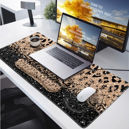 iLeadon Mouse Pad Set, Desk Mat + Mouse Pad with Wrist Rest + Keyboard Wrist Rest + Coaster, 4in1 Leopard Mouse and Keyboard Pad Set for Home Office, Black Gold Leopard - color: Black Gold Leopard