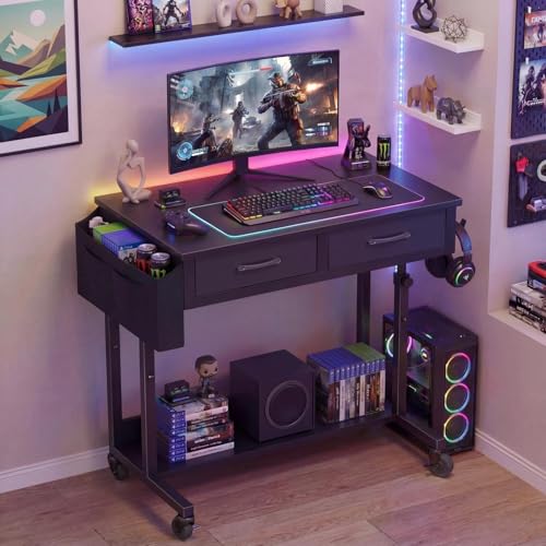 Small Portable Rolling Standing Desk - 32 Inch Adjustable Mobile Stand Up Gaming Desks with 2 Fabric Drawers on Wheels, Couch Sofa Side Laptop Table with Storage for Home Office, Black - color: Black, size: 31.5"