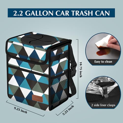 Femuar Car Trash Can with Lid - Leak Proof, Waterproof, Multipurpose Car Hanging for Headrest, Collapsible and Portable with Storage Mesh Pocket, Triangle - color: Triangle, size: 2.25 Gallons