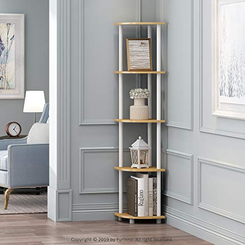 Furinno Turn-N-Tube Corner Shelf Set of 2, 5-Tier Corner Bookshelf, Open Storage Shelves, for Organization and Storage, Living Room, Home Office, Garage, Beech - color: Beech/White, size: 5-Tier Round Tube (Set of 2)