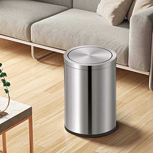 Mbillion Small Trash Can with Swing Lid 2.4 Gallons/9 Liter, Mini Trash Can with lid, Stainless Steel Cylindrical Garbage Can for Home and Office, for Ground and Desktop(Brushed Silver) - color: Brushed Silver 9L, size: 9 Liter