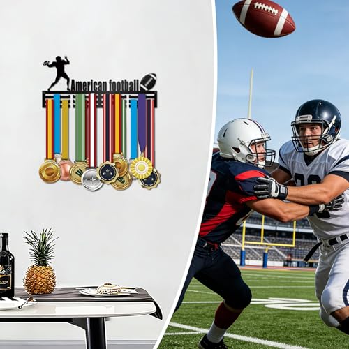 Resama Medal Hanger Holder Display Wall Rack Frame Shelf-Medal Hanger Awards Ribbon Soccer,Gymnastics,Holder Display Rack for 60 Medals - color: American FootBall
