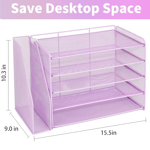 OPNICE Desk Organizer, 5-Tier Paper Organizer Letter Tray with Magazine Holder, Office Desk Accessories & Workspace Organizers, Desktop File Organizer for Office Supplies Storage, Purple - color: Purple, size: 15.5" x 9" x 10.3"