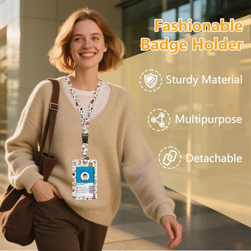 Lanyards for ID Badge, Coffee for ID Badge Holder, Coffee ID Badge Holder with Heavy-Duty Retractable Reel Clip, Gift for Teacher Nurse Adult - color: Coffee-white