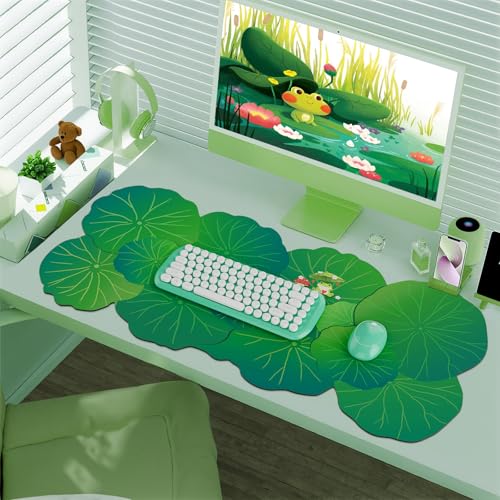 HAOCOO Cute Frog Desk Mat, Scalloped Desk Matt for Desktop, Large Mouse Pad for Desk, Non-Slip Keyboard Mat, Green Desk Mat with Stitched Edge, Kawaii Mouse Pad for Office (35.4" × 15.7") - color: Green