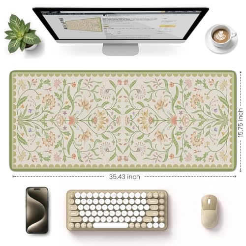 HAOCOO Sage Green Iris Flower Desk Pad Mat, Non-Slip XXL Mouse Pad with Stitched Edges, Cute Floral Computer Mat, Elegant Desk Decor for Home, School, Office Accessories - color: Sage Green