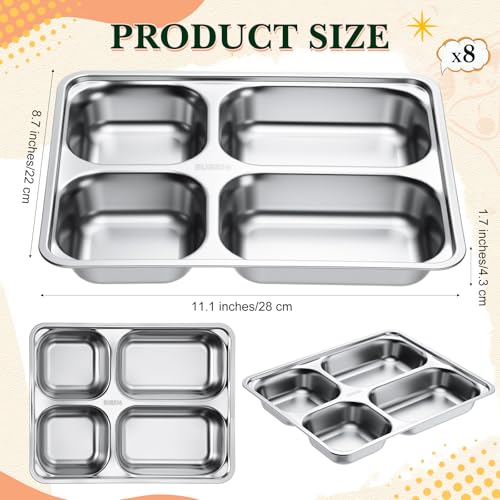 Foaincore 8 Pack 304 Stainless Steel Divided Plates Rectangular Portion Control Plates with Compartments Unbreakable Metal Food Tray for Lunch, Dinner, Camping, Heavy Gauge (4 Compartment) - style: 4 Compartment