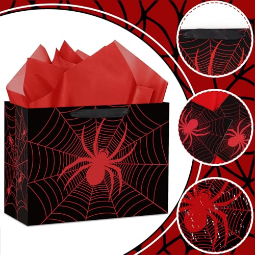 Hooqict Spider Gift Bag Birthday Gift Wrapping Bag with Handles, Tissue Paper, Greeting Card for Kids Boys Men Spider Web Birthday Party Favors Goodie Candy Treat Box - color: Black Spider