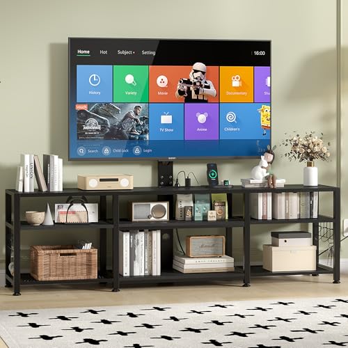 VECELO TV Stand with Mount and Power Outlet, Height Adjustable Entertainment Center with Storage Shelves for 55/65/70/75/80 inches Televisions, Console Table for Living Room, Bedroom, Matte Black - color: Matte Black, size: 71 Inch