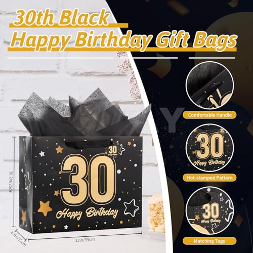 Powbrace 13" Black 30th Birthday Gift Bag with Tissue Paper and Greeting Card for Party,Happy Birthday Gift Bag for Men Women,Gift Bags Medium size(1 Black 30th) - color: 1 PCS Black 30th, size: 1 count (Pack of 1)